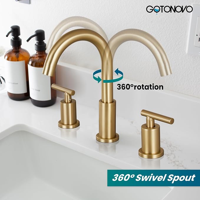 gotonovo 8 Inch Widespread 3 Hole Bathroom Sink Faucet Brushed Gold | SUS304,2 Lever Handle Bathroom Faucet,360° Swivel Spout,24’’ cUPC Hose,6-16’’ Vanity,Sink,Lavatory,Basin,RV,Pop-up Drain