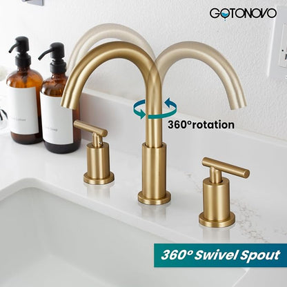 gotonovo 8 Inch Widespread 3 Hole Bathroom Sink Faucet Brushed Gold | SUS304,2 Lever Handle Bathroom Faucet,360° Swivel Spout,24’’ cUPC Hose,6-16’’ Vanity,Sink,Lavatory,Basin,RV,Pop-up Drain