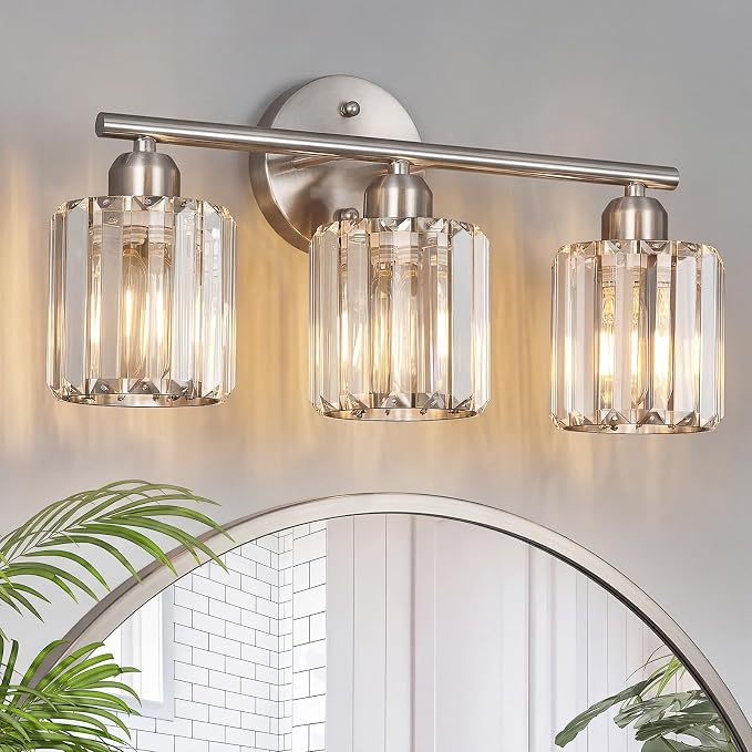 Modern 3 Light Crystal Vanity Light, Brushed Nickel Vertical Bathroom Light Fixture Over Mirror for Dressing Table Sink, Compatible with Dimmable Bulbs (Bulbs Not Included)