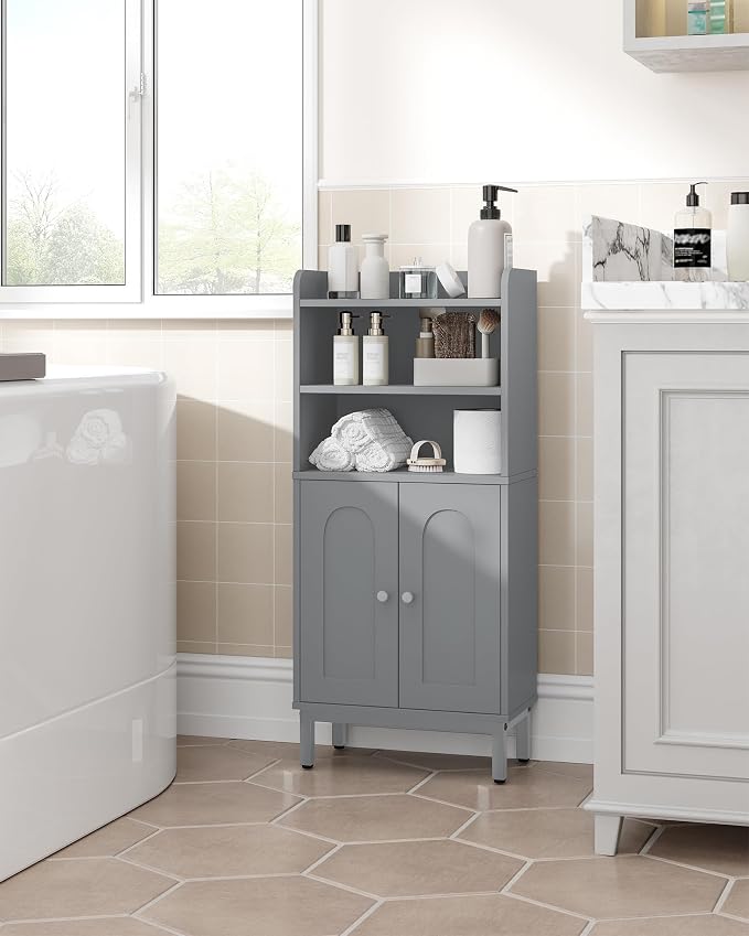 Hzuaneri Bathroom Storage Cabinet, Small Floor Cabinet with 2 Door | Toilet Paper Cabinets, Bathroom Organizer with Adjustable Shelf, for Small Spaces, Gray, Arch Door,7.1" Dx14.6 Wx32.7 H