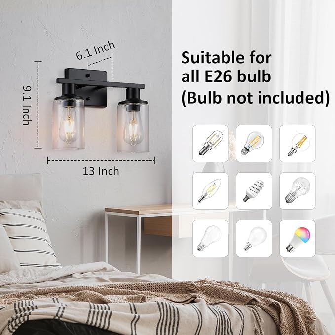 2 Pack Matte Black Bathroom Light Fixtures Over Mirror,2-Light Bathroom Vanity Light with Clear Glass Shade,Modern Farmhouse Wall Sconces Lighting for Mirror Kitchen Living Room Cabinet