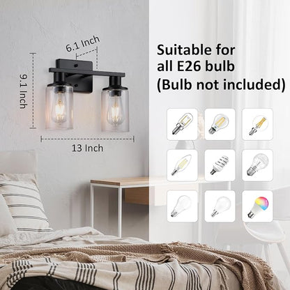 2-Light Matte Black Bathroom Vanity Light,Bathroom Light Fixtures Over Mirror with Clear Glass Shade,Modern Farmhouse Wall Sconces Lighting for Kitchen Living Room Cabinet