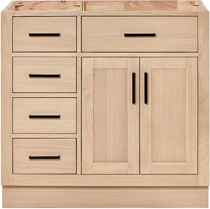 ARIEL Hepburn 36-inch Bathroom Vanity Base Cabinet,Solid Wood, 2 Soft Closing Doors, 5 Dovetail Drawers, White Oak