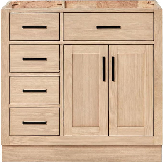 ARIEL Hepburn 36-inch Bathroom Vanity Base Cabinet,Solid Wood, 2 Soft Closing Doors, 5 Dovetail Drawers, White Oak