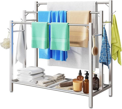 HavenlyYouth Free Standing Towel Rack for Bathroom, 3 Tier Blanket Drying Holder for Outside, Pool Towel Rack with Metal Shelf for Display and Storage, 35.8" H x 31.5" L x 11.8" W, Satin Nickel