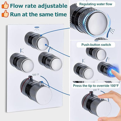 Rain Shower System,12 Inch Wall Mounted Rain Shower Head with Body Jets and Handheld Shower, Push Button Thermostatic Shower Faucet Set, Can Use all Options at a Time, Polished chrome