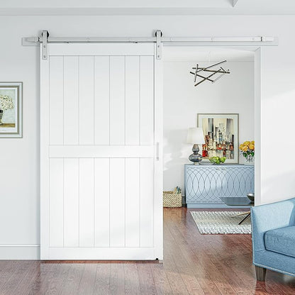 SMARTSTANDARD 48" x 84" White Sliding Barn Door with 8FT Silver Hardware | Pre-Drilled Ready to Assemble, Waterproof PVC Coating, H-Frame
