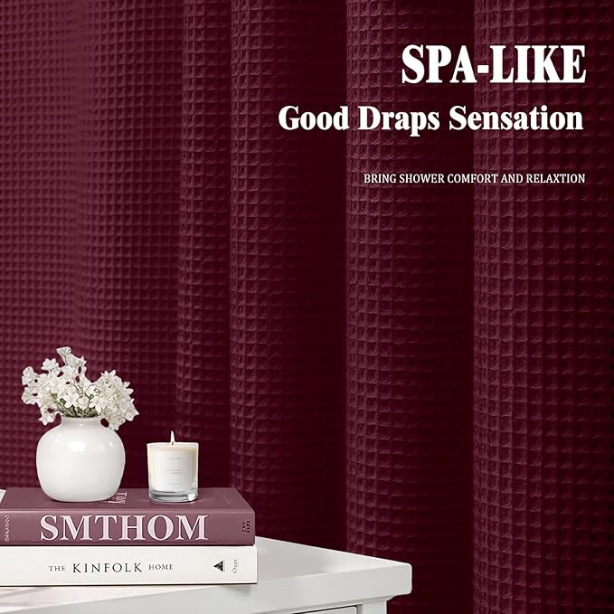Waffle Weave Shower Curtain - Burgundy Cotton Fabric Texture Heavyweight Shower Curtains for Bathroom,Washable,72Wx72L