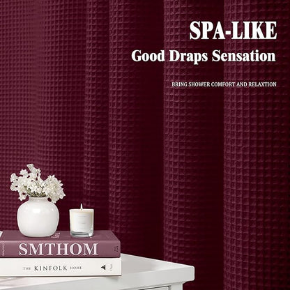 Waffle Weave Shower Curtain - Burgundy Cotton Fabric Texture Heavyweight Shower Curtains for Bathroom,Washable,72Wx72L
