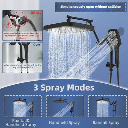 14" High Pressure Rain/Rainfall Shower Heads With Handheld Spray Combo (3+1 Settings & Built-in Power Wash Mode), Double/Dual Shower Head With Handheld - Height/Angle Adjustable(Matte Black)