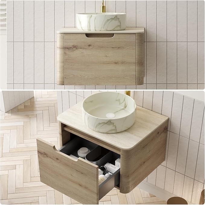 Bathroom Vanity with Sink, 24" Wall-Mounted Bathroom Storage Cabinet with Round Ceramic Basin & Soft-Close Undermount Drawer, Modern Pre-assembled Floating Vanity with Curved Design, White Oak