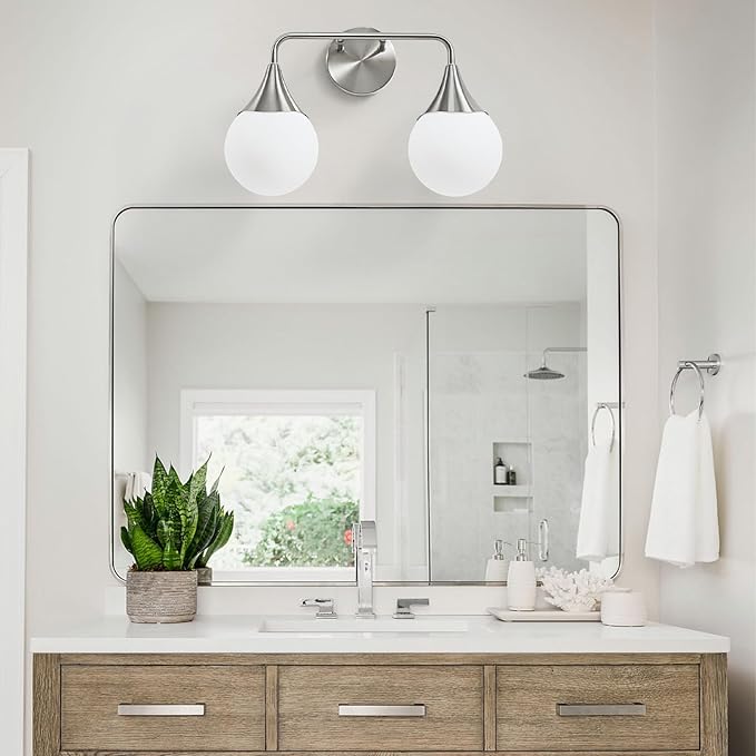 Bathroom Vanity Light Fixtures: Brushed Nickel 2-Light Mid Century Farmhouse Bathroom Lighting Fixtures Over Mirror - Wall Sconce with Frosted Globe Glass for Hallway Restroom