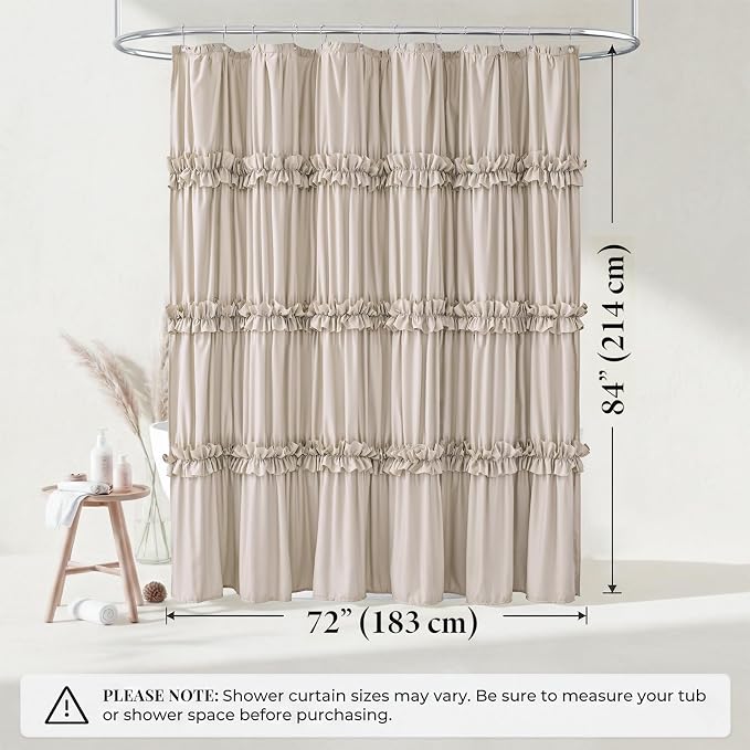 LIPA Boho Rustic Beige Ruffle Shower Curtain 72x84 Inches | Farmhouse Shower Curtains for Bathroom,Water‑Resistant Fabric Shower Curtain,Bohemian Bathroom Decor