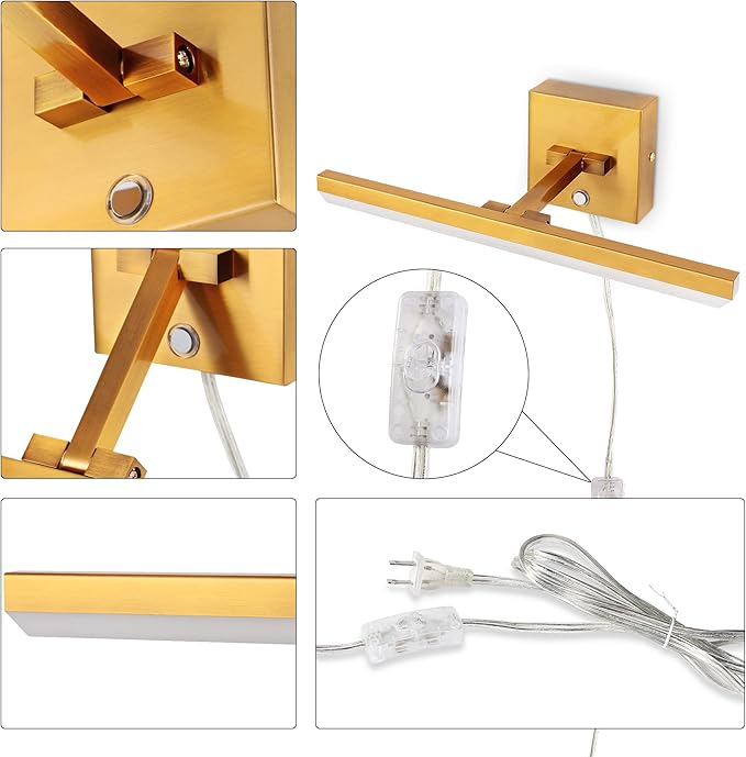 MantoLite Bathroom Lighting Fixtures Over Mirror,Plug in LED Picture Lights for Wall Dimmable Bathroom Vanity Light 15inch Cabinet Wall Sconces with Ajustable Arm Bedside Reading Lamp,Brass,6000K 8W