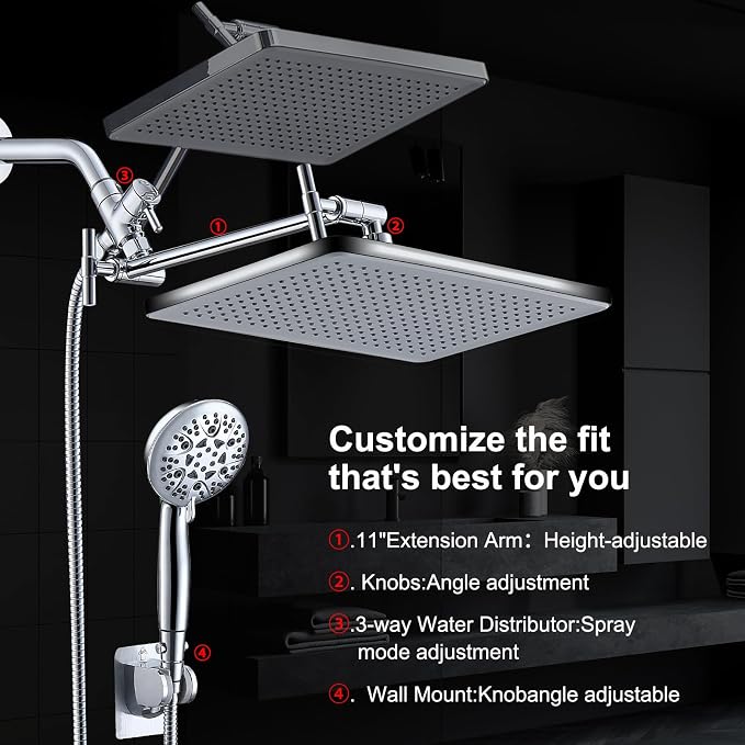 Rain Shower Head Combo-14''Rainfall ShowerHead,8 Modes Handheld with ON/OFF Pause Switch, Double High Pressure Shower heads with Hose,Adjustable and detachable for Couple and Kids