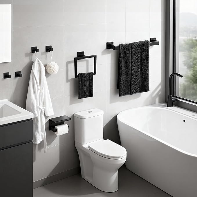 7-Piece Matte Black Bathroom Accessories Hardware Set, Stainless Steel 16" Towel Bar, Towel Ring, Toilet Paper Holder with Shelf, 4 Towel Hooks, Wall Mounted for Bathroom, Kitchen, Hotel