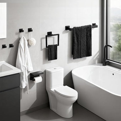 7-Piece Matte Black Bathroom Accessories Hardware Set, Stainless Steel 16" Towel Bar, Towel Ring, Toilet Paper Holder with Shelf, 4 Towel Hooks, Wall Mounted for Bathroom, Kitchen, Hotel