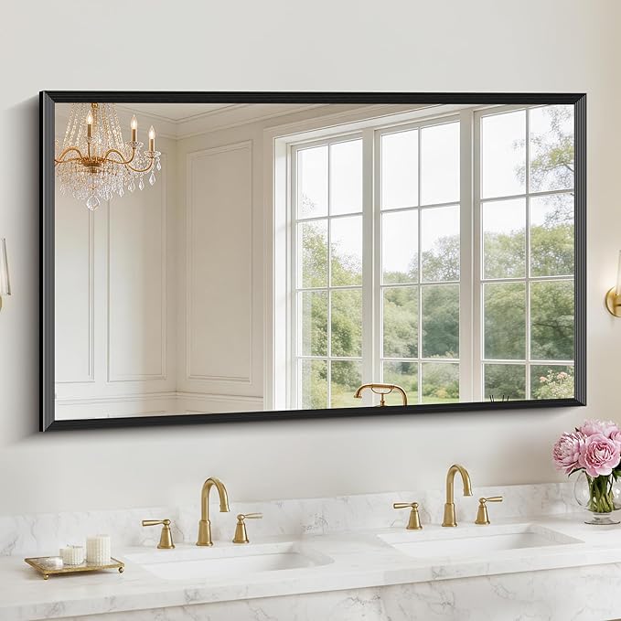 Black Bathroom Mirror 36 x 60 Inch Rectangle Wave Beveled Frame for Wall Bathroom Vanity Mirror for Over Sink, Tempered Glass,for Entryway Hangs, Bathroom Living Room Horizontal or Vertical