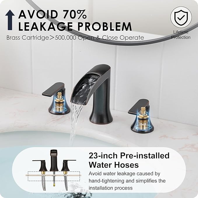 Oil Rubbed Bronze Bathroom Sink Faucet Widespread, 8 Inch Waterfall Faucet Bathroom 3 Hole with Pop-up Drain and cUPC Supply Lines, 2 Handles for Vanity, Restroom, Farmhouse, Brass Material