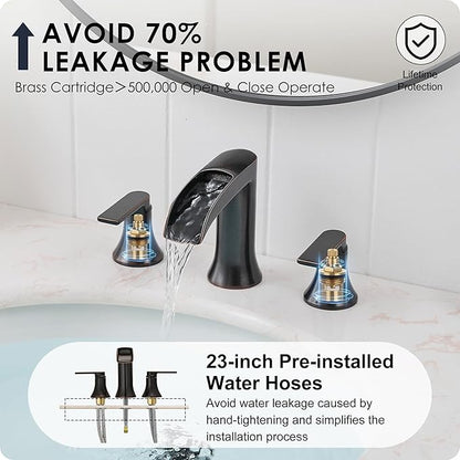 Oil Rubbed Bronze Bathroom Sink Faucet Widespread, 8 Inch Waterfall Faucet Bathroom 3 Hole with Pop-up Drain and cUPC Supply Lines, 2 Handles for Vanity, Restroom, Farmhouse, Brass Material