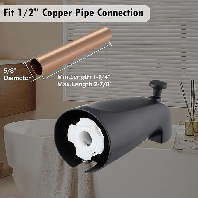 Slip-on Tub Spout with Diverter, Compatible with 1/2 Inch Copper Tube Fit, Bathroom Bathtub Spout 1-Pack (Matte Black)