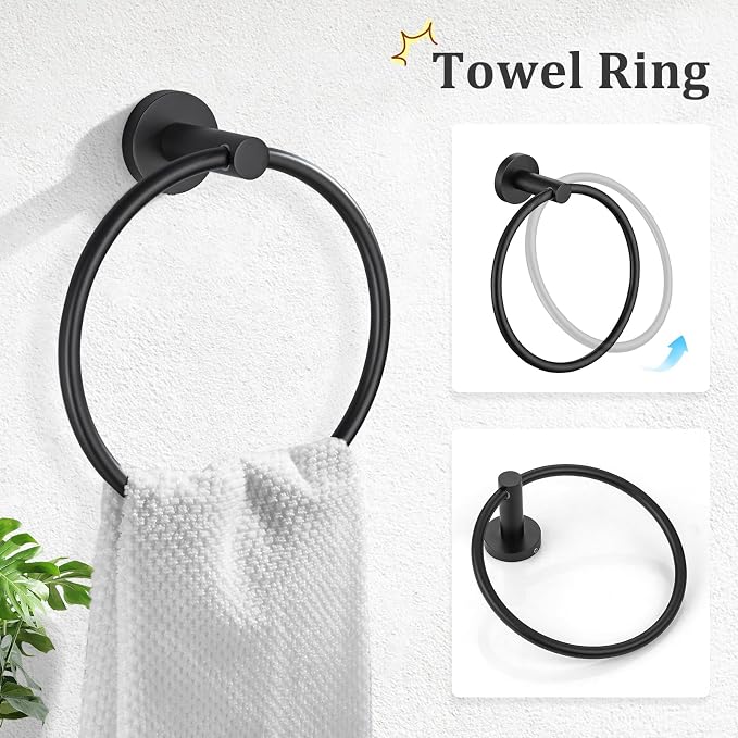 TURS Matte Black Towel Ring Toilet Paper Holder Towel Hooks 4-Pieces Bathroom Towel Holder Set SUS304 Stainless Steel Bathroom Accessories Kit Wall Mounted