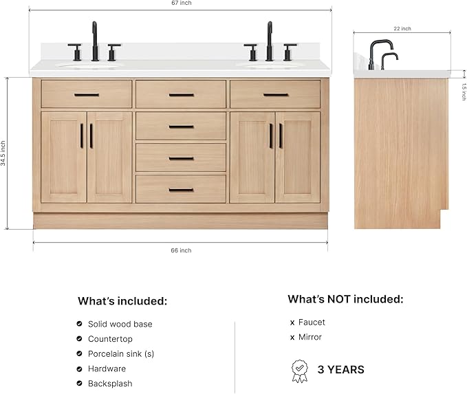 ARIEL Hepburn 66-inch Bathroom Vanity with Sink,Solid Wood, 1.5-inch Pure White Quartz Countertop & Backsplash, Double Oval Porcelain Sink, 4 Soft Closing Doors, 6 Dovetail Drawers, White Oak