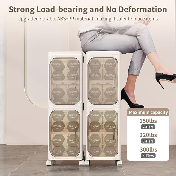 2 Tier Slim Bathroom Storage Cabinet, Foldable and Movable, Beige | Tools Free, ABS and PET, Magnetic Clear Door, Adjustable Shelves, Lockable Wheels, Water Resistant, For Narrow Space