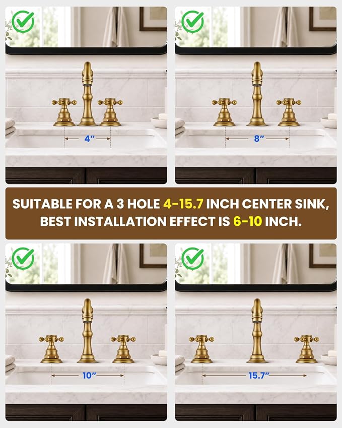 gotonovo 3 Hole 8’’ Widespread Bathroom Sink Faucet Antique Brass | Vintage Bathroom Faucet,2 Cross Handle,6-16’’ Sink,Vanity,Basin,RV,Farmhouse,SUS304,24’’ cUPC Hose Pop Up Drain,Deck Mount