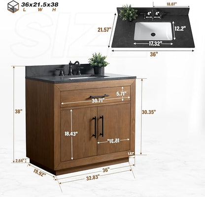 HOMEBEYOND 36" Bathroom Vanity with Single Sink & Ceramic Top, MDF Material Vanity Cabinet with Basin Combo, Soft-Closing Doors, Removable Shelf, Backsplash, Tan