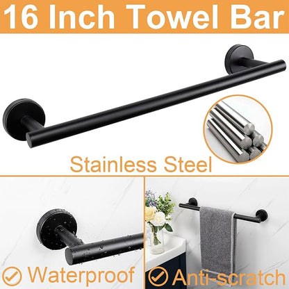 TocTen Bathroom Hardware Set, Thick Stainless Steel Bath Towel Bar Set Including Towel Rack for Bathroom+Toilet Paper Holder+3 Robe Towel Hooks Wall Mount Bathroom Accessory Set(16IN,Matte Black)