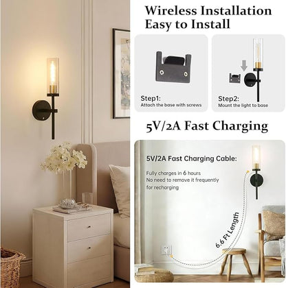 Shenmoyl Set of 2 Wall Sconces, 5200 mAh Battery Operated Wall Sconce with 3 Colors & Remote Control, Black Gold Rechargeable Wall Lamp with Clear Glass Shade for Bedroom, Bathroom, Stairwell, Hallway