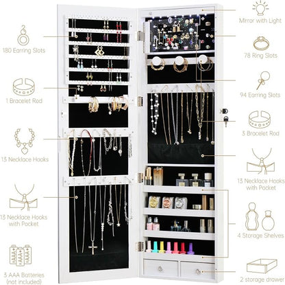 Jewelry Armoire Door Wall Mounted Mirror with Storage And Drawers | 47.3"LED Jewelry Cabinet with Mirror with Storage And Drawers White