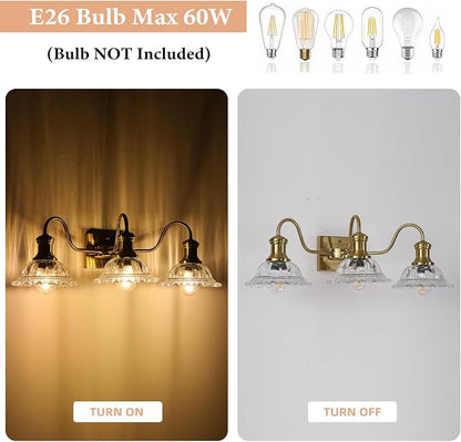 Champagne Gold Vanity Lights, 3-Light Bathroom Light Fixtures with Clear Glass Shade, Vintage Vanity Lights Over Mirror, Farmhouse Wall Light for Bathroom, Vanity Table, Bedroom, Hallway
