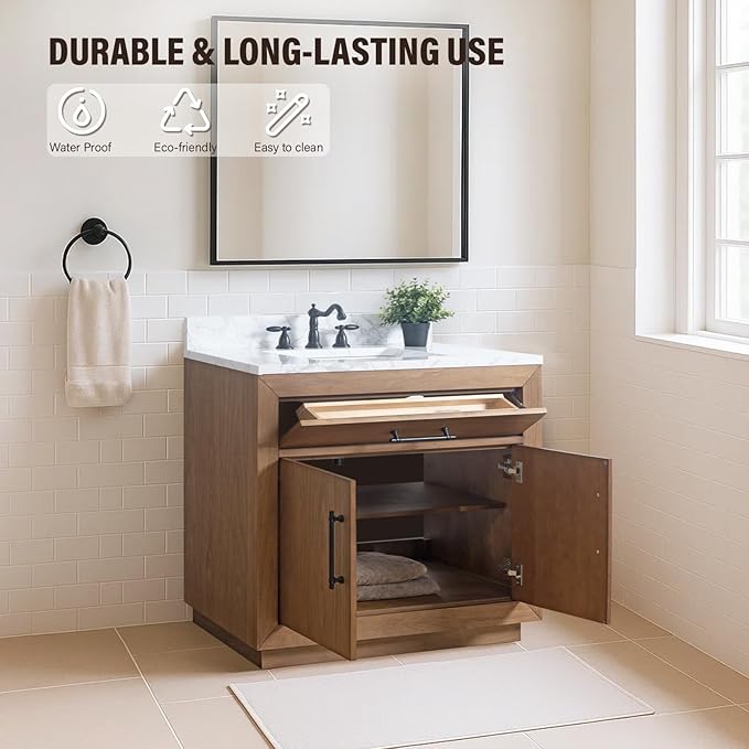 HOMEBEYOND 36" Bathroom Vanity with Single Sink & Ceramic Top, MDF Material Vanity Cabinet with Basin Combo, Soft-Closing Doors, Removable Shelf, Backsplash, Tan