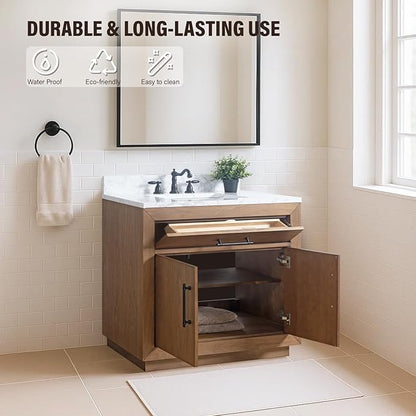 HOMEBEYOND 36" Bathroom Vanity with Single Sink & Ceramic Top, MDF Material Vanity Cabinet with Basin Combo, Soft-Closing Doors, Removable Shelf, Backsplash, Tan