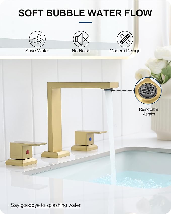 8 Inch Brass Bathroom Faucet 3 Hole, 2 Handle Brushed Gold Faucets for Bathroom Sinks with Pop up Drain, Pre-Installed cUPC Water Hoses & Removable Aerator for Vanity, Modern, No Noise