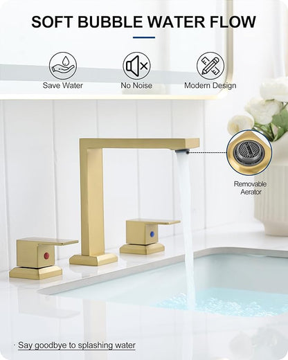 8 Inch Brass Bathroom Faucet 3 Hole, 2 Handle Brushed Gold Faucets for Bathroom Sinks with Pop up Drain, Pre-Installed cUPC Water Hoses & Removable Aerator for Vanity, Modern, No Noise
