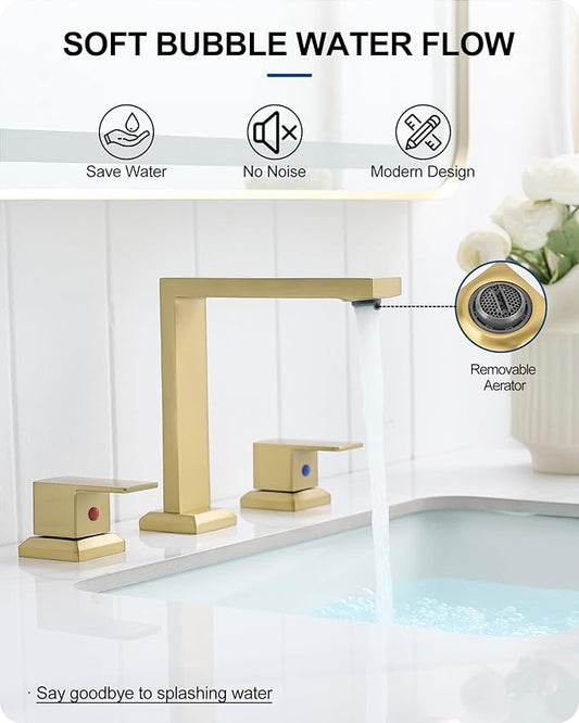 8 Inch Brass Bathroom Faucet 3 Hole, 2 Handle Brushed Gold Faucets for Bathroom Sinks with Pop up Drain, Pre-Installed cUPC Water Hoses & Removable Aerator for Vanity, Modern, No Noise