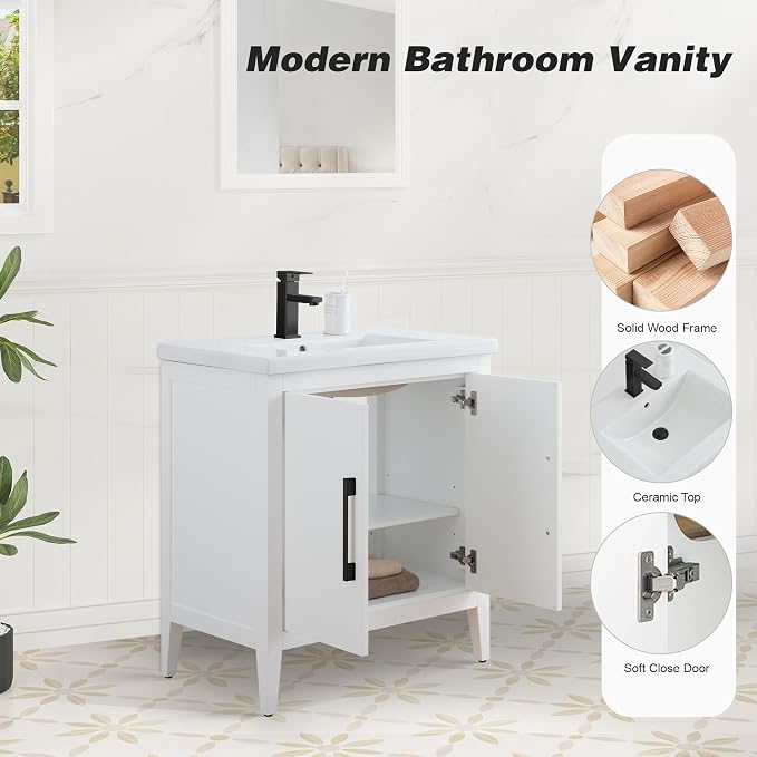 30 Inch Bathroom Vanity with Sink & Ceramic Top, Single Vanity Cabinet with Basin, Soft-Closing Doors & Matte Black Hardware, White