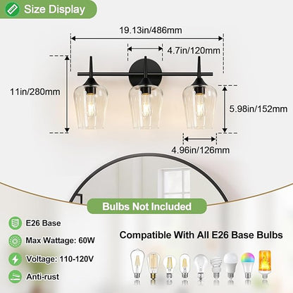 3-Light Bathroom Light Fixtures, Black Vanity Lights for Bathroom with Clear Glass, 19.5 Inch Bathroom Lighting Fixtures Over Mirror, Modern Wall lamp for Cabinet Hallway
