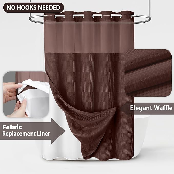 No Hook Shower Curtain and Liner Set,Brown Hotel Waffle Shower Curtain with Liner 75" L x 72" W