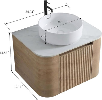 24" Preassembled Floating Bathroom Vanity with Round Sink, Oak | Mid-Century Modern Style, Fluted & Soft-Close Drawer with U-shaped Wall, Sinterted Stone Countertop, Towel Rack Included