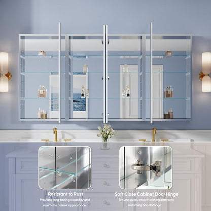 72" x 36" Bathroom Medicine Cabinet with Mirror, Anodized Chrome Aluminum Frame, Surface Mount or Recessed Medicine Cabinet with Mirror, Bathroom Mirror with Storage, Four Doors
