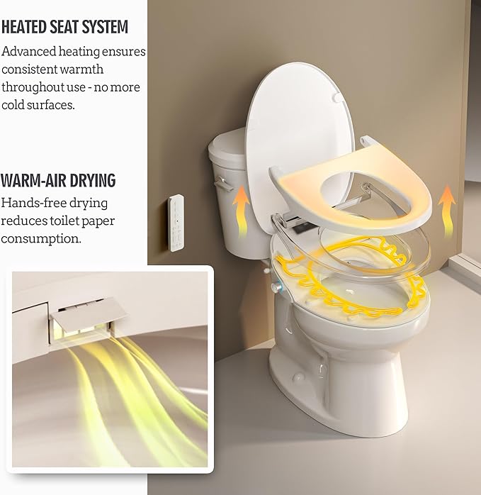 Bidet Toilet Seat with Remote Control, Electronic Heated Bidet Seat with Adjustable Warm Water and Pressure, Warm Air Drying, Display Screen, Night Light, Slow Closed Toilet Lid, Round