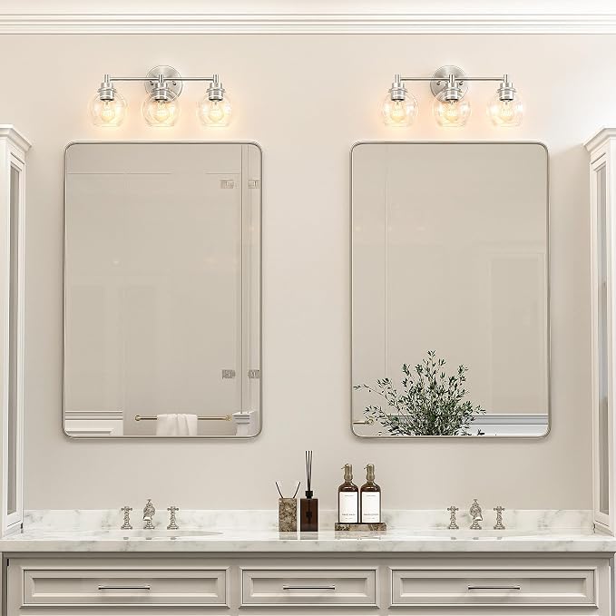 VONLUCE 3 Light Bathroom Vanity Light Fixtures, Brushed Nickel Finish | Globe Glass Shades, E26 Sockets, Easy to install, ETL Certificated, Vanity Lights for Bedroom Hallway Living Room