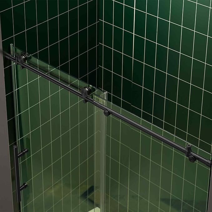 Woodbridge 56-60" W x 80" H Frameless Single Sliding Shower Door with Tempered Glass & Explosion Proof Film in Matte Black Finish