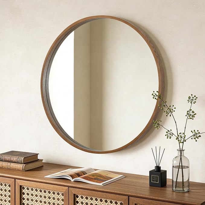 Round Wood Mirror, 36" Round Modern Decoration Large Circle Wall Mirror for Bathroom Living Room Bedroom Entryway, Walnut