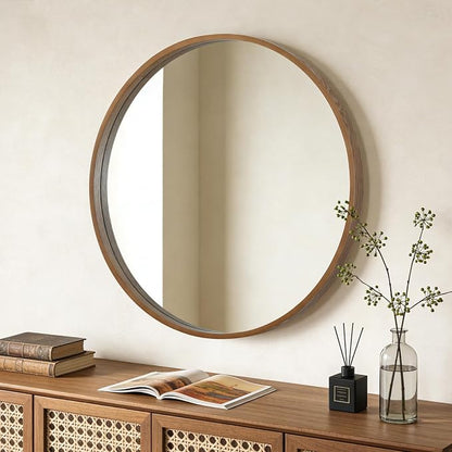 Round Wood Mirror, 36" Round Modern Decoration Large Circle Wall Mirror for Bathroom Living Room Bedroom Entryway, Walnut