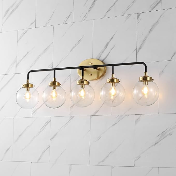 JONATHAN Y 38" Black/Brass Gold 5-Light LED Wall Sconce Vanity Lighting, Clear Glass Globe Shade Modern Contemporary Sconce for Bathroom Mirror, Hallway, UL Listed (JYL9555A)